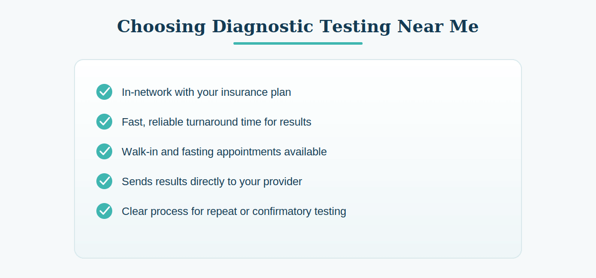 Checklist for choosing a diagnostic testing location: in-network with your insurance plan, fast and reliable turnaround, walk-in and fasting appointments available, results sent directly to your provider, and a clear process for repeat or confirmatory testing.