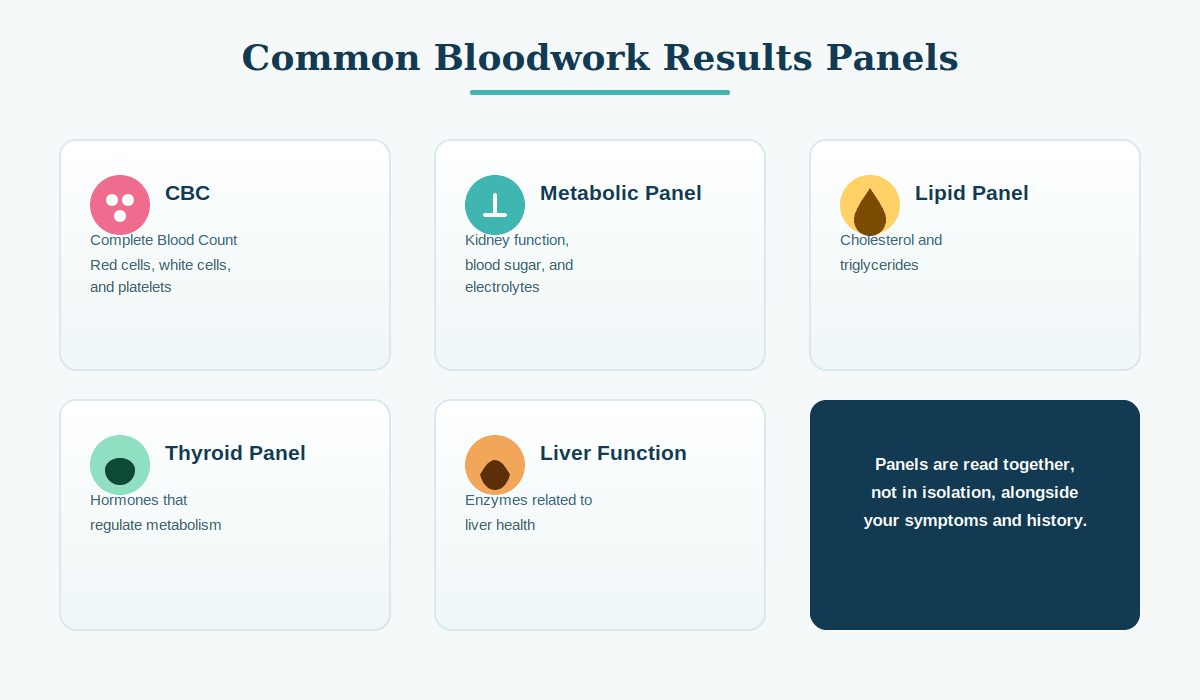 The five common bloodwork panels — CBC, metabolic, lipid, thyroid and liver function — each with what it measures, and a note that panels are read together rather than in isolation, alongside your symptoms and history.