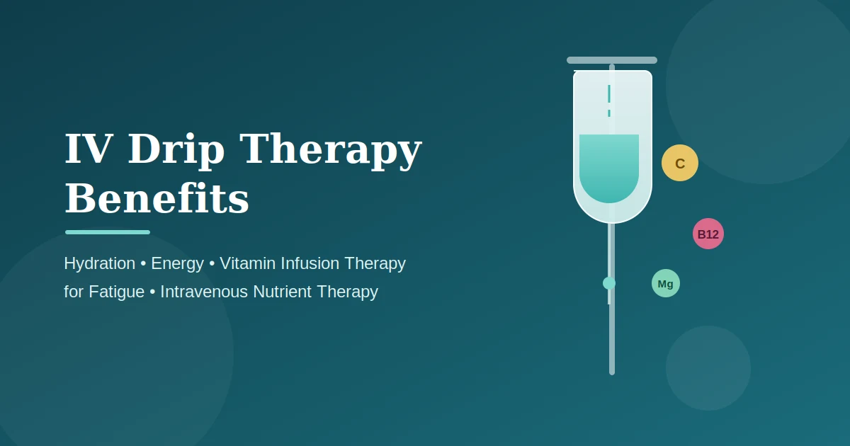 Article cover: an IV drip bag with vitamin C, B12 and magnesium markers beside it, headed “IV Drip Therapy Benefits”.
