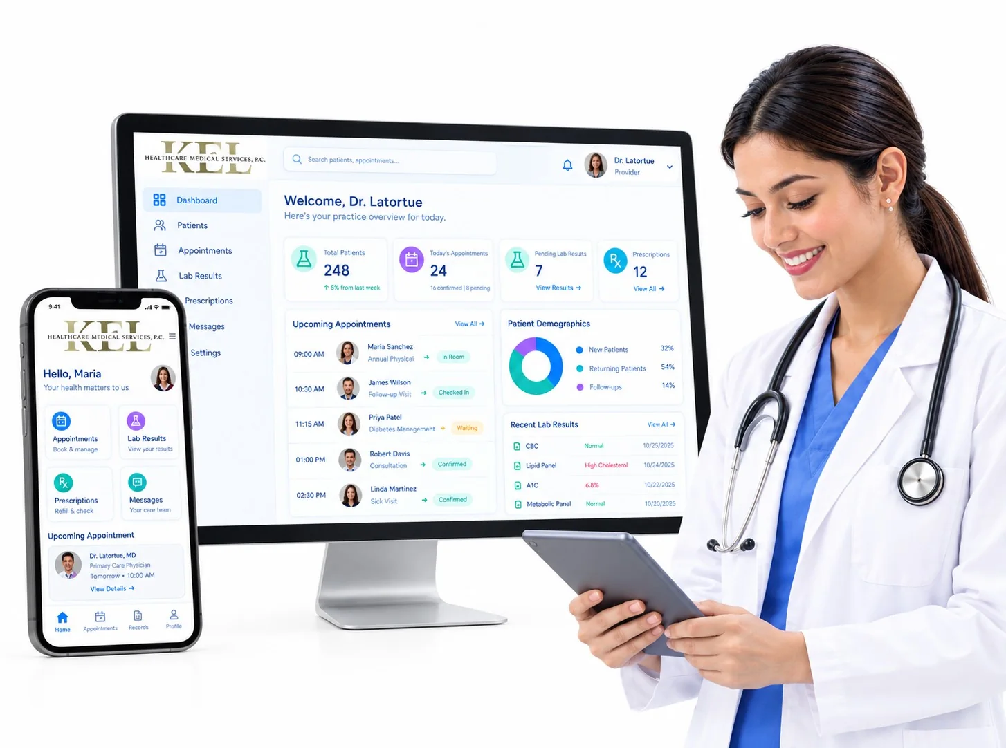 A KEL Healthcare clinician with the KEL patient dashboard on a desktop, a tablet and a phone