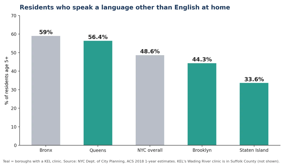 Chart of residents who speak a language other than English at home: 56 percent in Queens, 49 percent citywide, 44 percent in Brooklyn and 34 percent in Staten Island