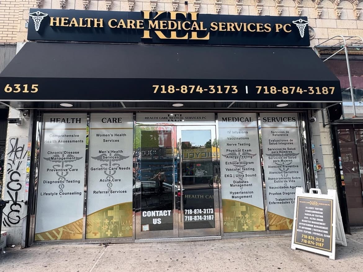 The Kel Healthcare Medical Services storefront at 6315 Roosevelt Avenue, Woodside, with the practice name and phone numbers on the awning.